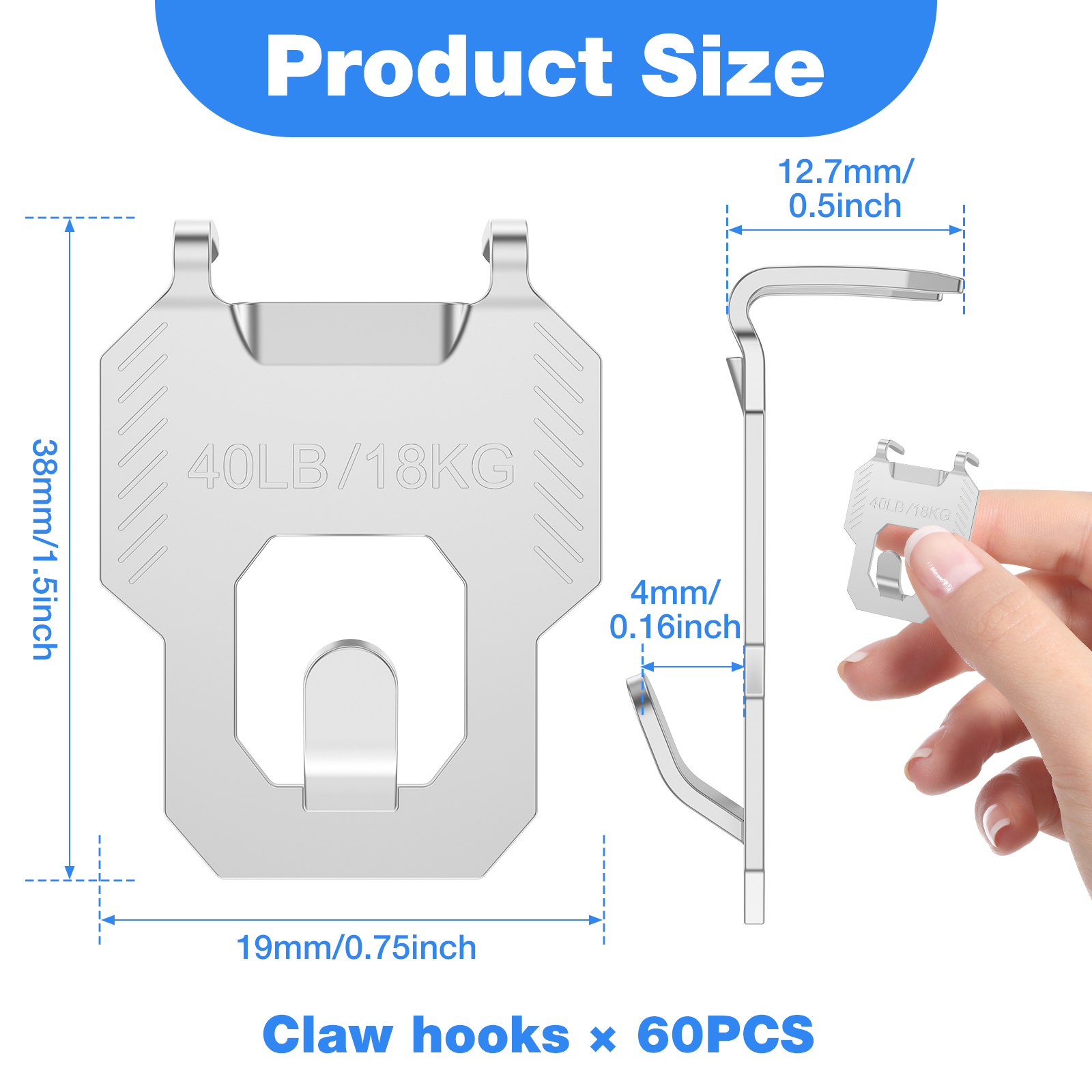 TMWEFUSC 60Pcs Claw Drywall Picture Hanger, Wall Picture Hanging Hooks Heavy Duty Picture Frame Hooks Kit Stainless Steel Mirror Hanger Hold Up to 40 lb for Photo Poster Decor
