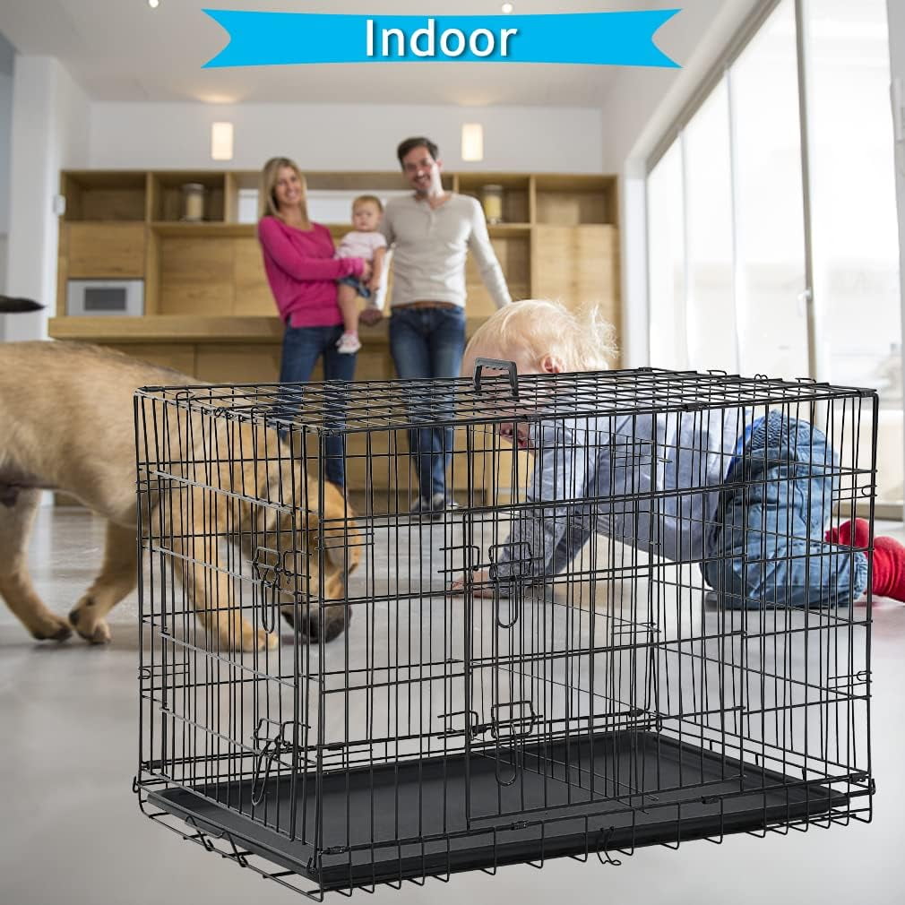 24 inch Dog Crate for Small Dogs Folding Portable Metal Dog Cage Kennel Double Door Pet Crate with Divider and Tray, Black