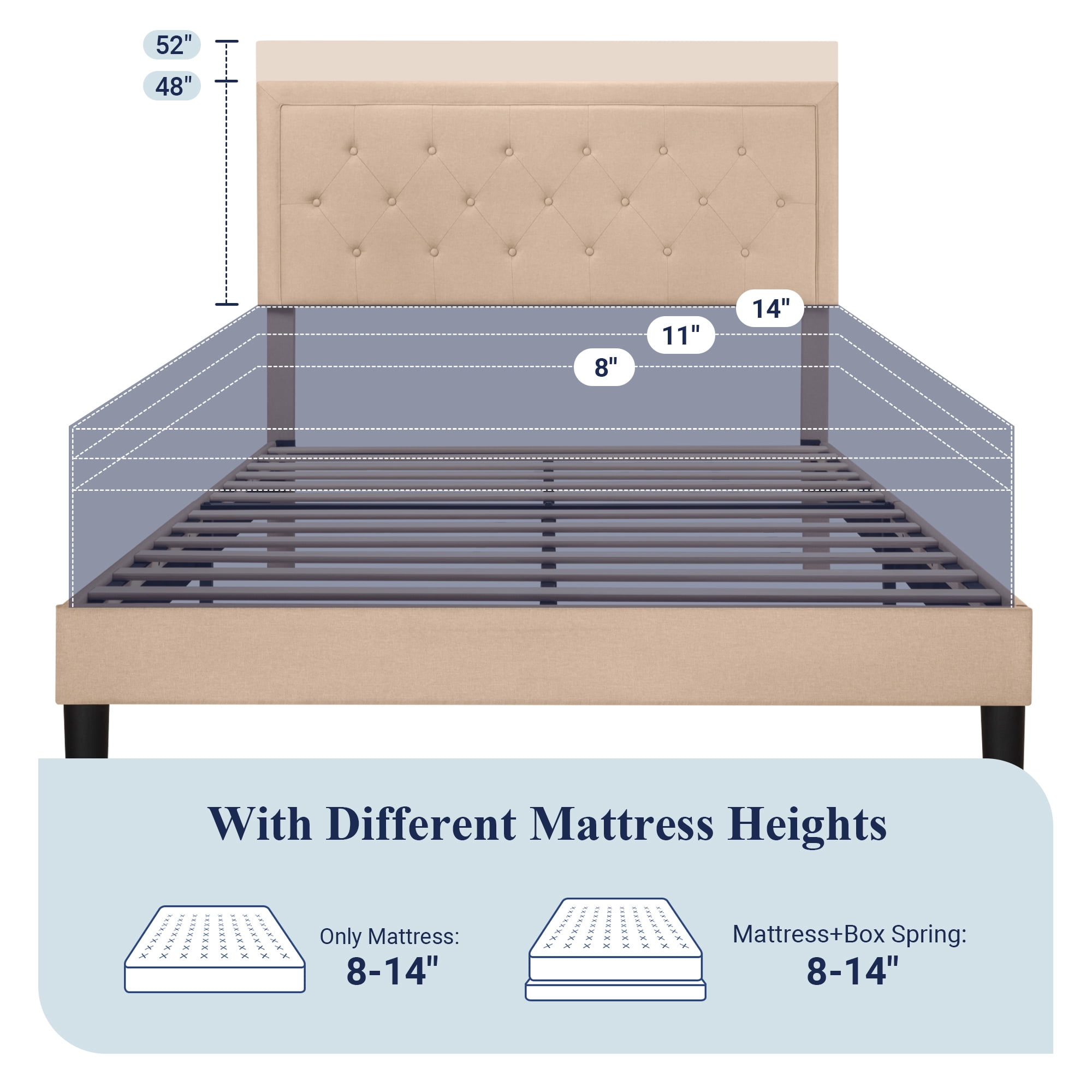 Allewie Full Size Button Tufted/Fabric Upholstered Bed Frame with Adjustable Headboard/Wood Slat Support/Mattress Foundation/Beige