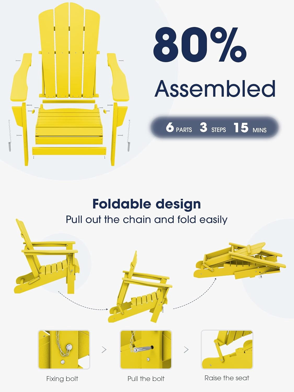 SONGMY Folding Adirondack Chair, HDPE All-Weather Patio Chairs, Wooden Textured Lawn Chair for Poolside, Backyard, Deck, Fire Pit, Yellow
