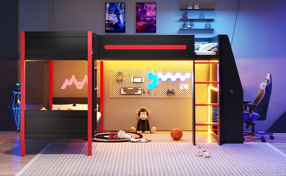 Mintazer L-Shaped Twin Gaming Bunk Bed with LED Lights & Desk and Storage Shelves, Triple Bunk Bed with Ladder & Guardrails for Dorm Bedroom, Black & Red