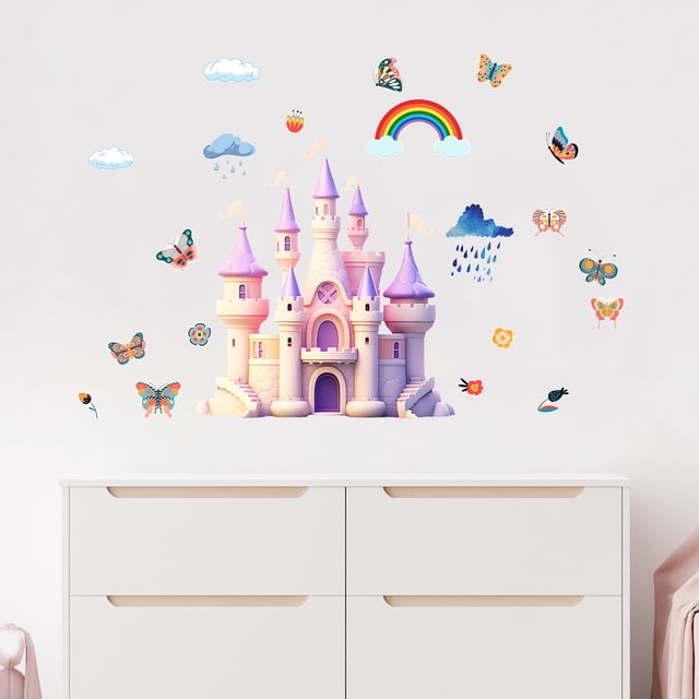 Adhesivo de pared de PVC extraíble con forma de castillo y mariposa