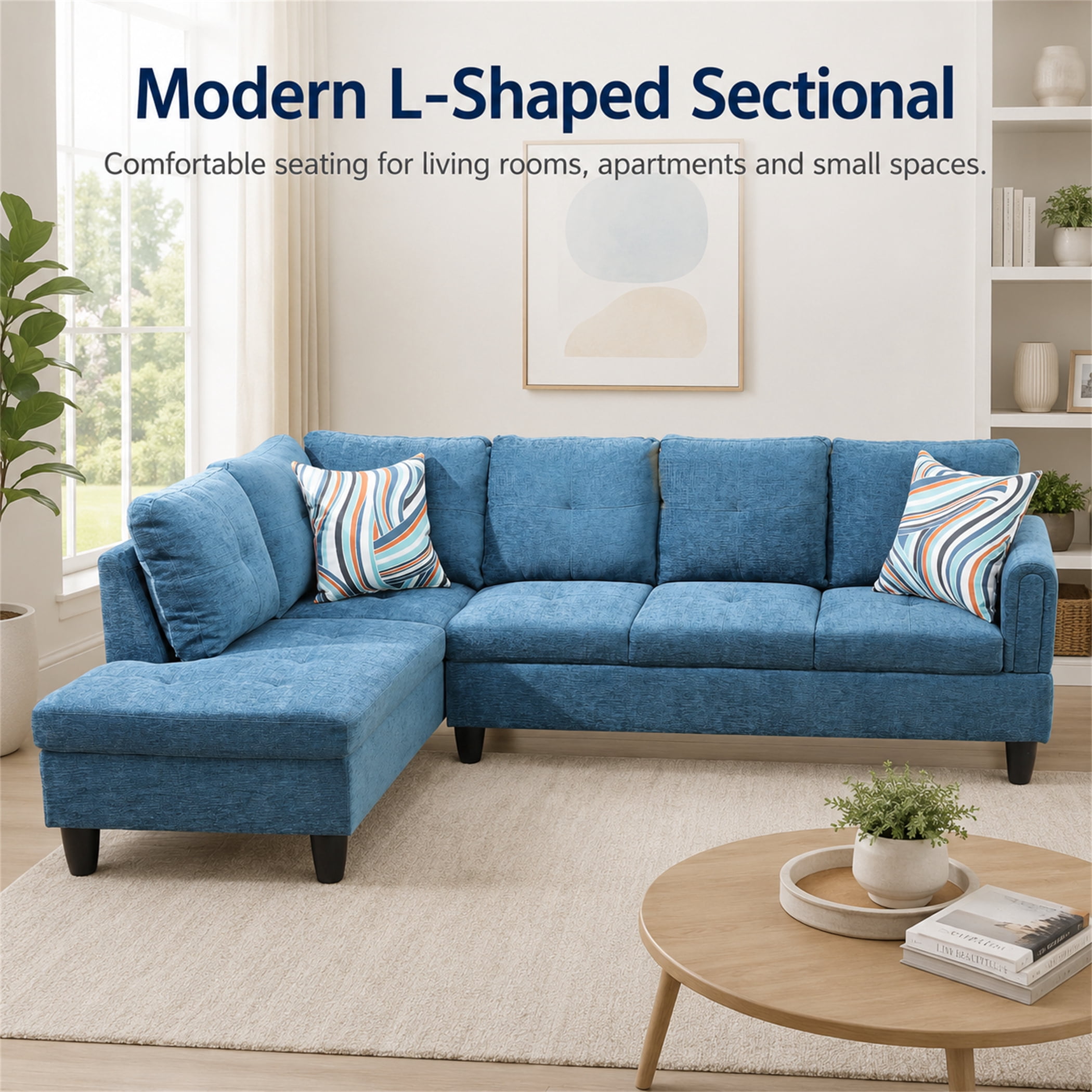 Aukfa 97" Classic Sectional Sofa 4 Seat L shape Couch with Oversized Left Chaise for Living Room, 2Pillows, Linen, Blue