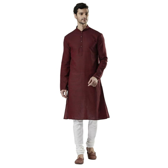 Ethnix Men's Indian Banded Collar Fine Thread Textured Kurta Tunic Pajama Set; Maroon; XL