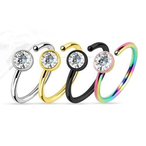 EG Gifts Nose Rings Hoop Black Gold Multi Color and Silver with Clear Gem 4pc 20g