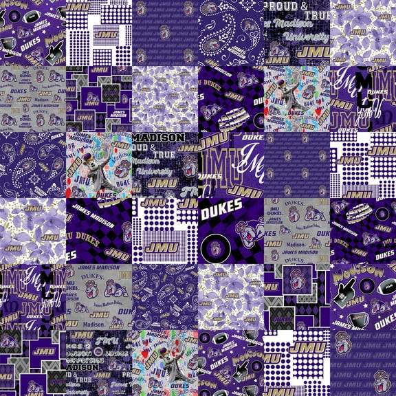 Official Licensed James Madison University Cheater Quilt Printed Cotton Fabric-JMU Dukes Cotton Fabric with Patchwork Cheater Quilt Print-60” Width