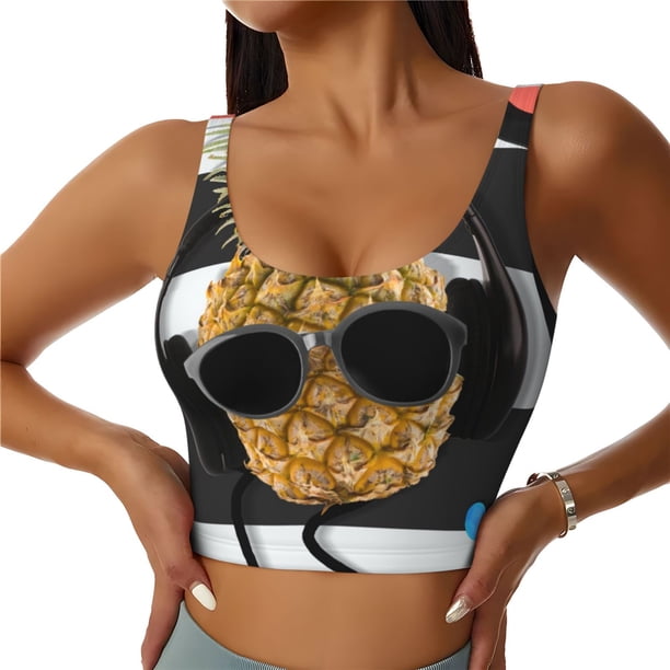 Fotbe Pineapple With Black Glasses Sujetador Deportivo Largo sin Aros para Mujer con Almohadillas y Soporte Medio, Transpirable y Absorbente, Camiseta Tipo Chaleco o Tank Top-Large