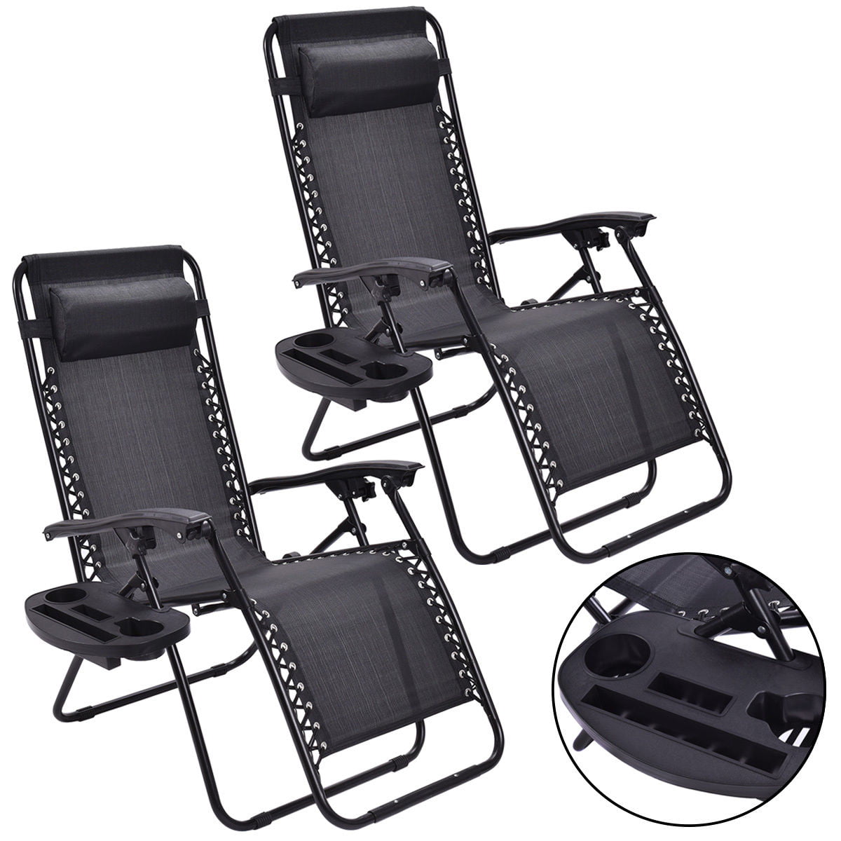 Costway 2pc Zero Gravity Chairs Lounge Patio Folding Recliner Outdoor Black W Cup Holder Walmart Com Walmart Com