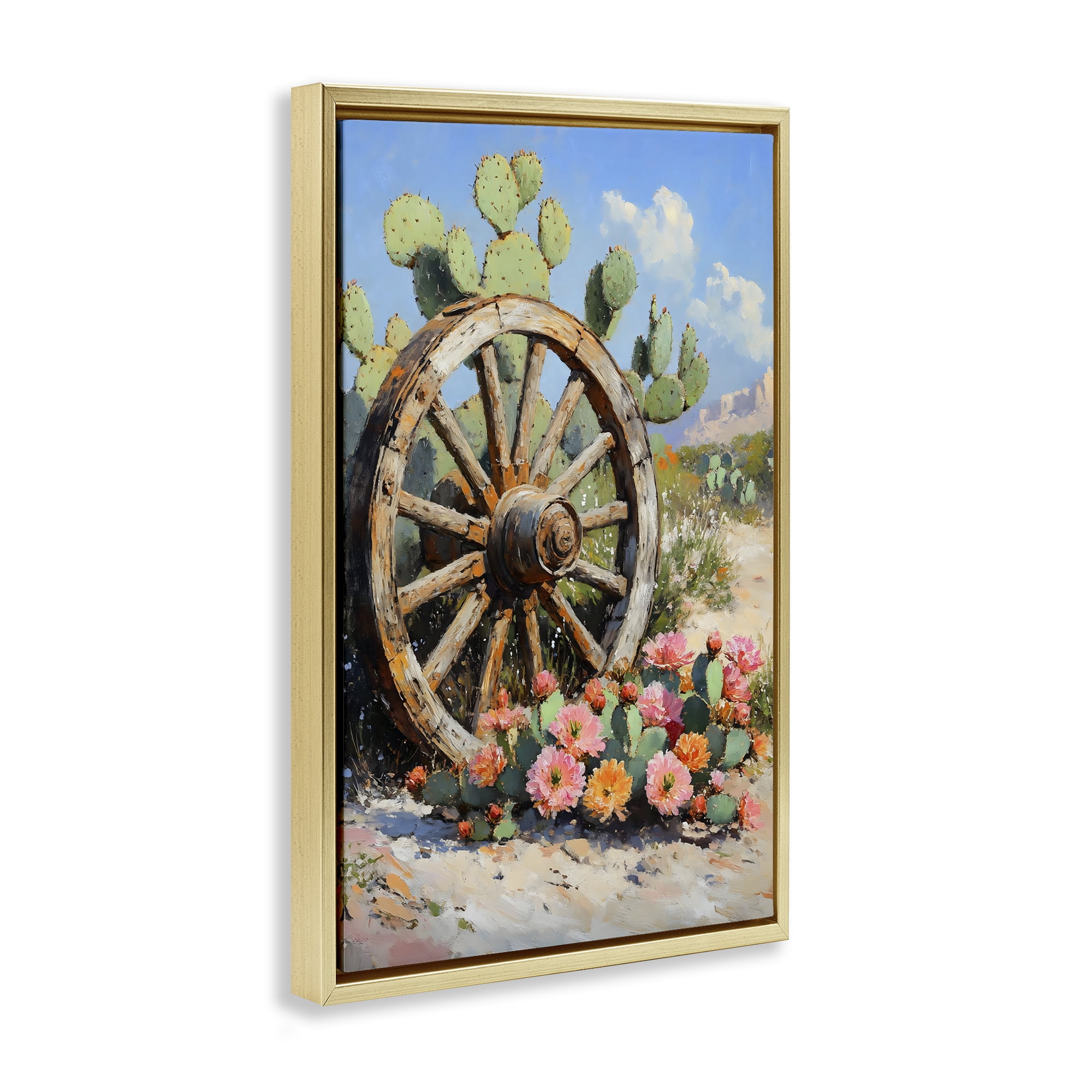 Stupell Industries Wagon Wheel Among Cactus Gold Framed Floater Canvas Wall Art, design by Franklyn Gregory