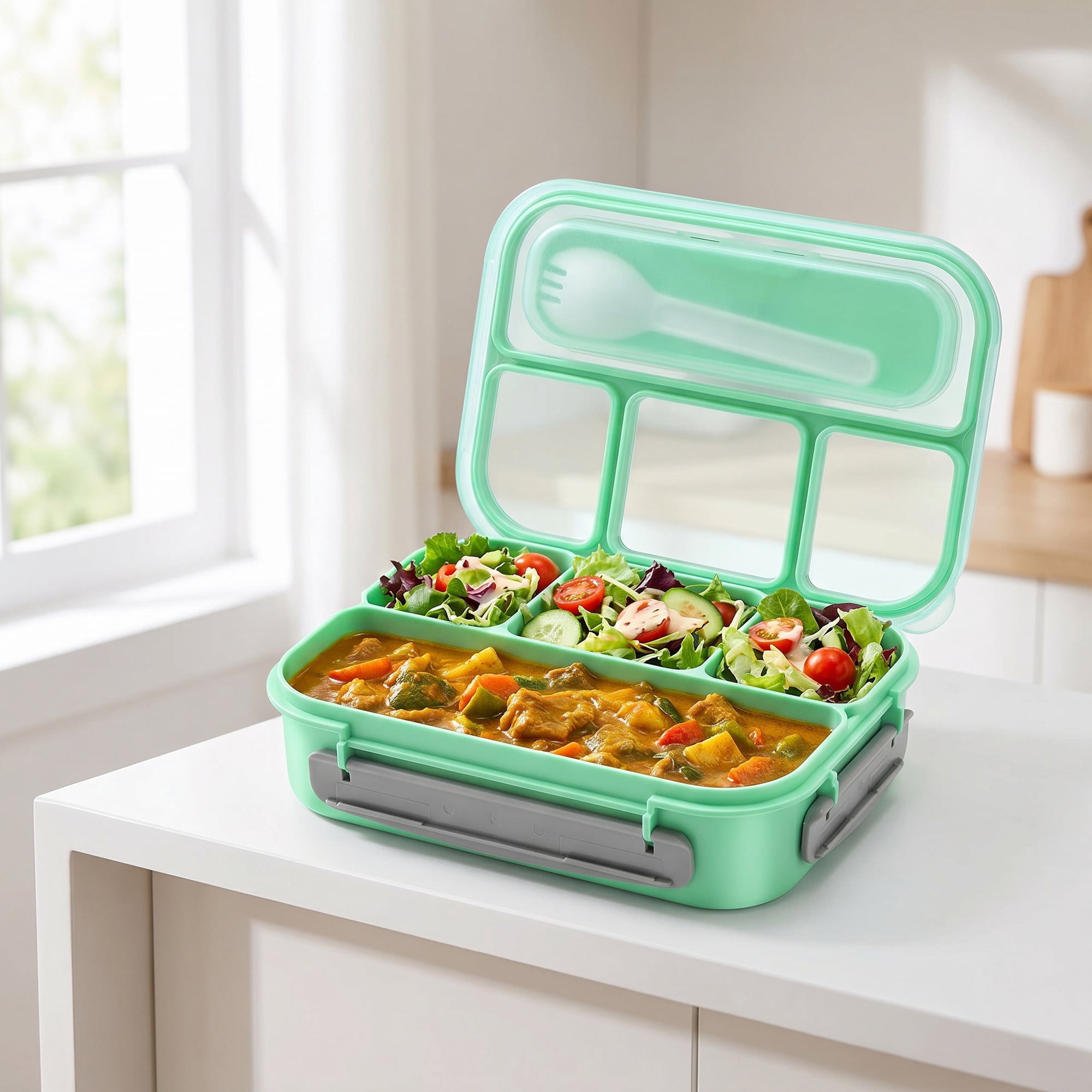 Unique Bargains 1.3L Leak-Proof Meal Prep Container Adult Lunch Bento Box Green-2
