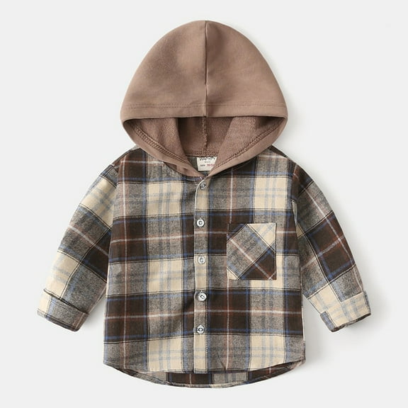 Emy Dola Boys Casual Flannel Plaid Hoodies Spring Button Down Shirts Long Sleeve Jacket Coats with Pocket