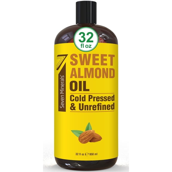 Cold Pressed Sweet Almond Oil - Big 32 fl oz Bottle - Unrefined & 100% Natural - by Seven Minerals