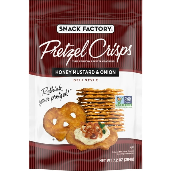 Snack Factory Pretzel Crisps, Honey Mustard and Onion, 7.2 oz Resealable Bag