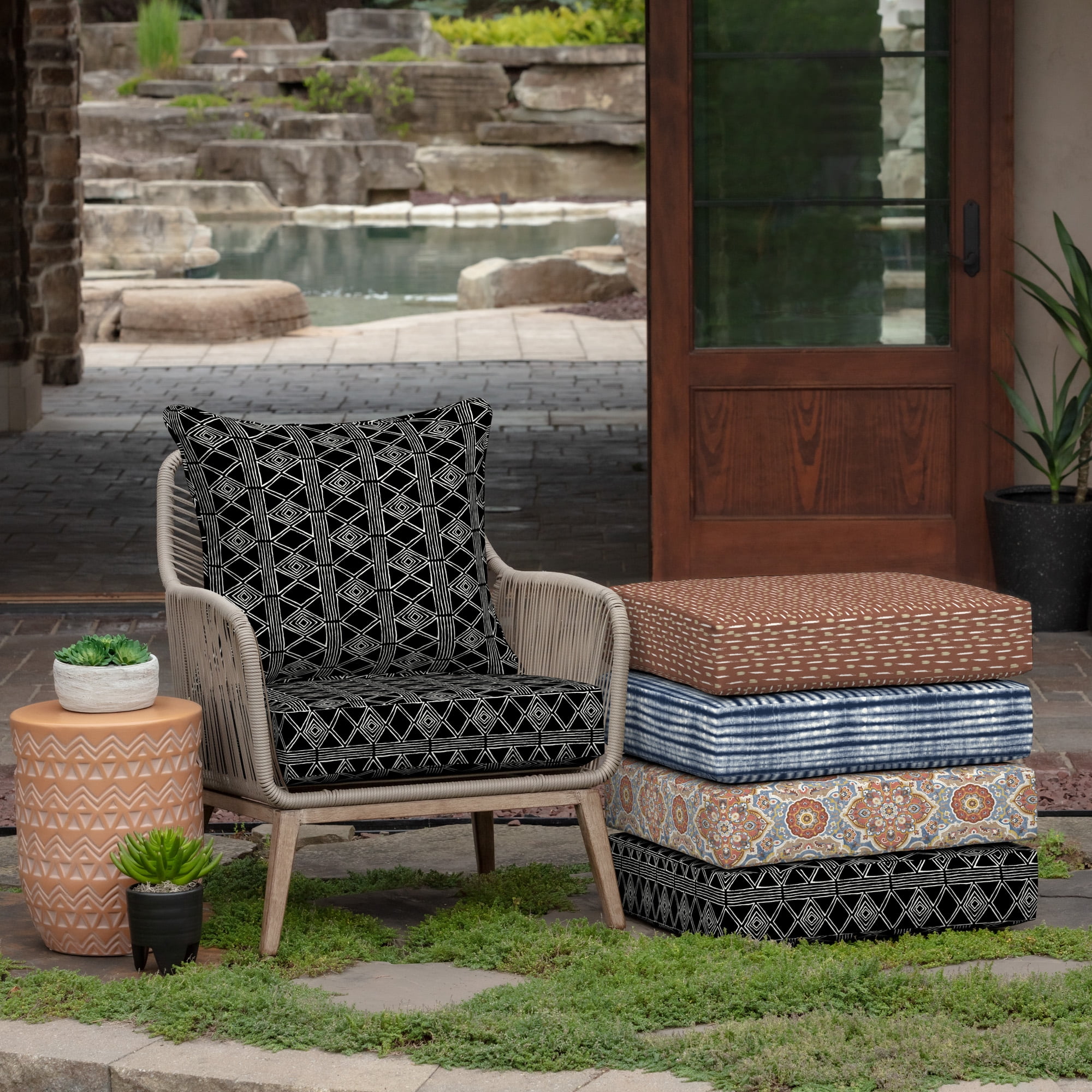 ARDEN Outdoor Deep Seat Cushion Set (2-Pack), 24 in x 24 in, Weather-Proof, Rain-Proof, Fade Resistant Patio Cushion for Chair, Sofa, and Couch Black Global Stripe