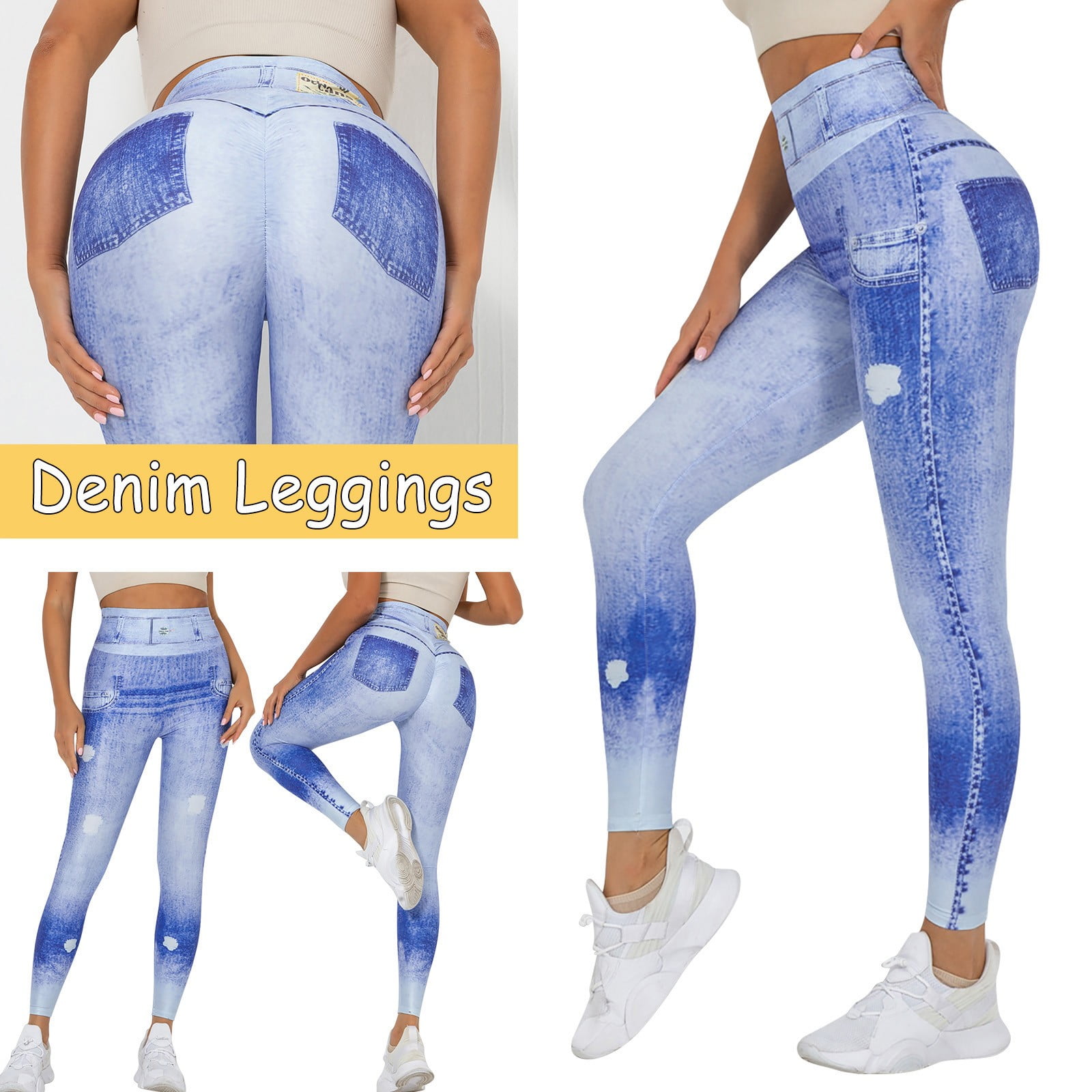 Frehsky leggings for women Women's Denim Print Jeans Look Like Leggings  Stretchy High Waist Slim Skinny Jeggings Light Blue 