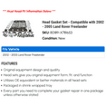 thumbnail image 2 of Head Gasket Set - Compatible with 2002 - 2005 Land Rover Freelander 2003 2004, 2 of 2