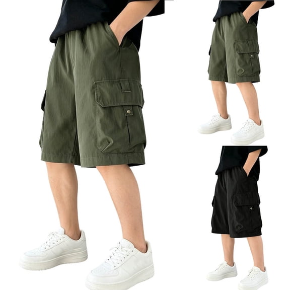 QIUOMBBP Boys' Wide Leg Cargo Shorts Solid Color Knee Length Short Pants with Multi Pockets Summer Sports Pants Black 12-13Years