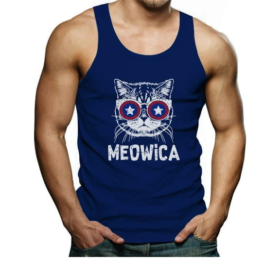Meowica Men's Singlet - 4th of July Tank Top - Funny Patriotic Cat Graphic Print - Ideal Independence Day Apparel - Great Gift for Men who Love Cats and America - Small Blue