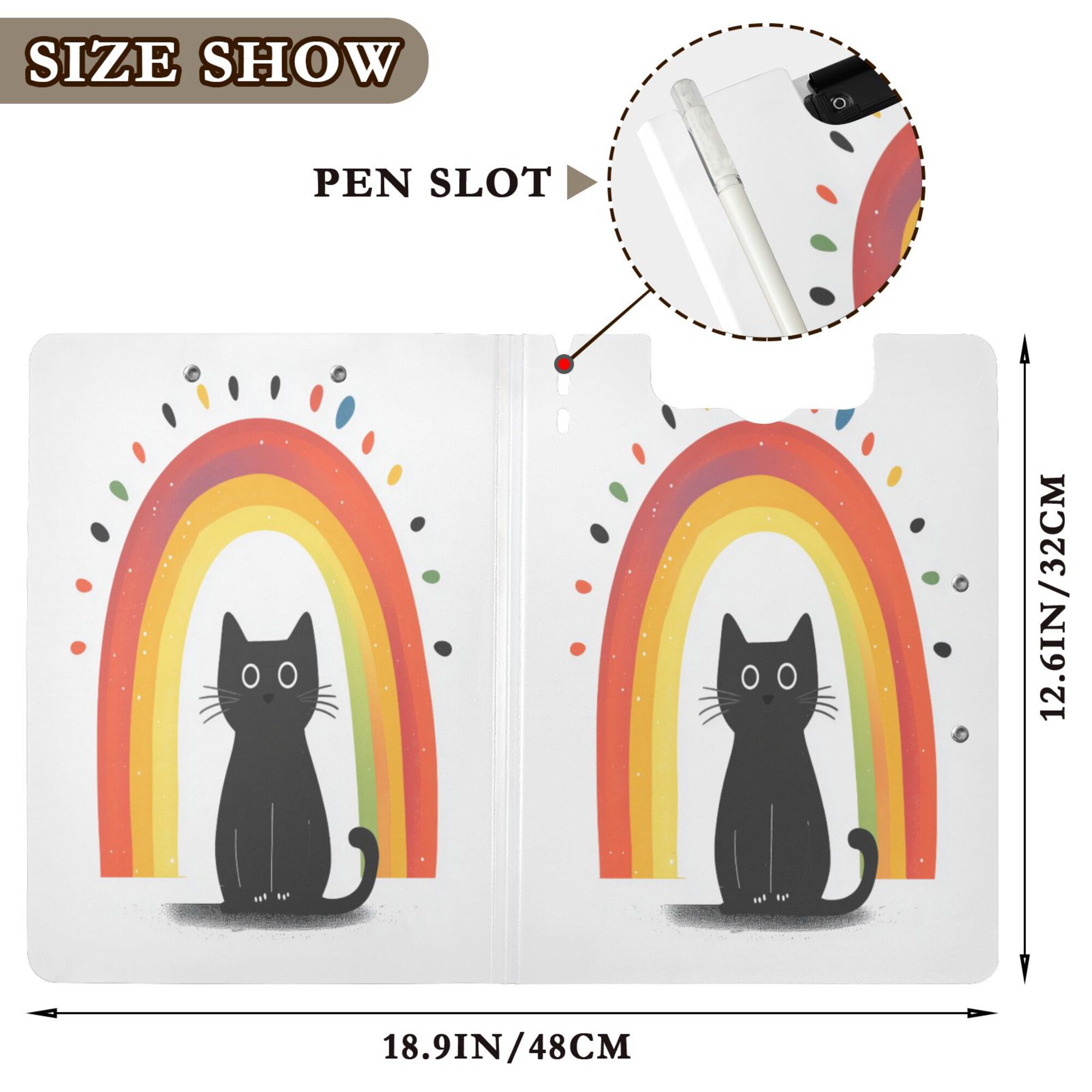 FORMRS A4 Clipboard Folder with Pen Holder Horizontal Foldable School Office Binder, Black Cat Rainbow
