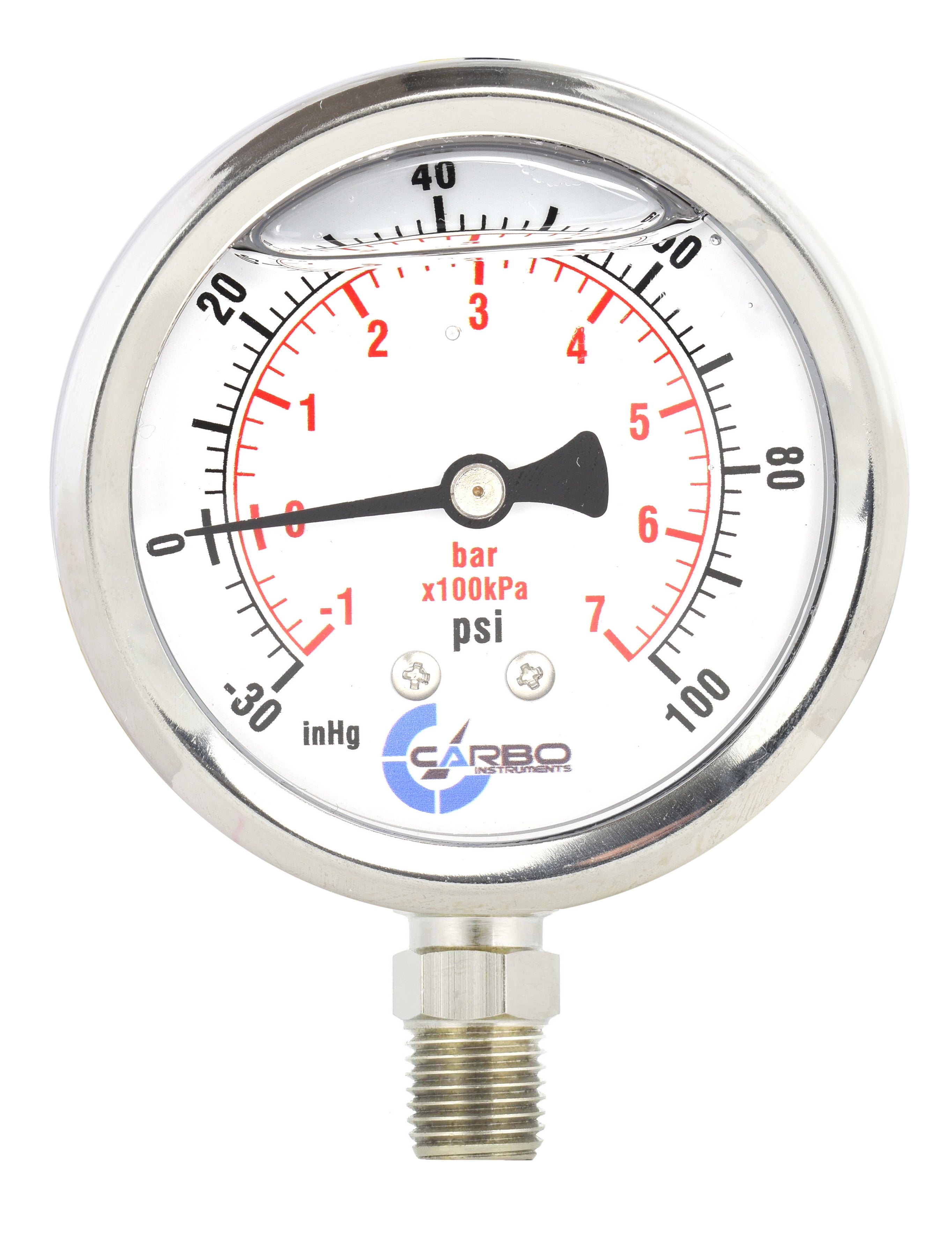 Lower Mount 1/4 NPT Chrome Plated Brass Connection Stainless Steel Case 0-100 psi/kPa Lqiuid Filled CARBO Instruments 2 1/2 Pressure Gauge