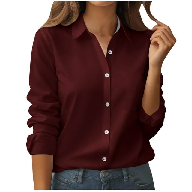 cfhntfmh Womens Button down Shirts Solid Color Dress Shirt Long Sleeve Collared Office Work Blouses Tops Fall Outfits for Women