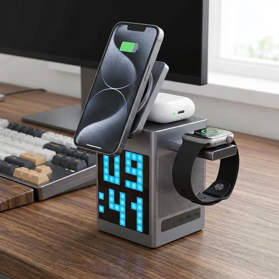 6-in-1 Wireless Charging Station with Wireless Speaker, Digital Alarm Clock, and Pixel Display for iPhone 17/16/15, Apple Watch, and AirPods; Fast Charging