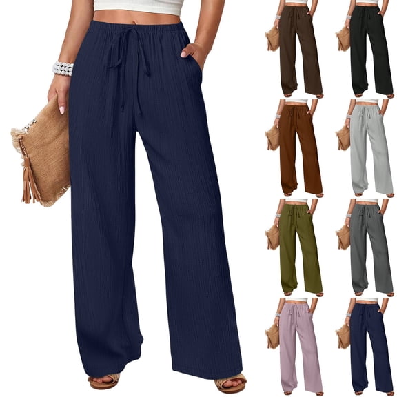 Wide Leg Pants for Women Flowy Palazzo Drawstring Elastic Waist Trousers with Pockets Summer Resort Beach Vacation Clothes Navy S 28" Insaeam