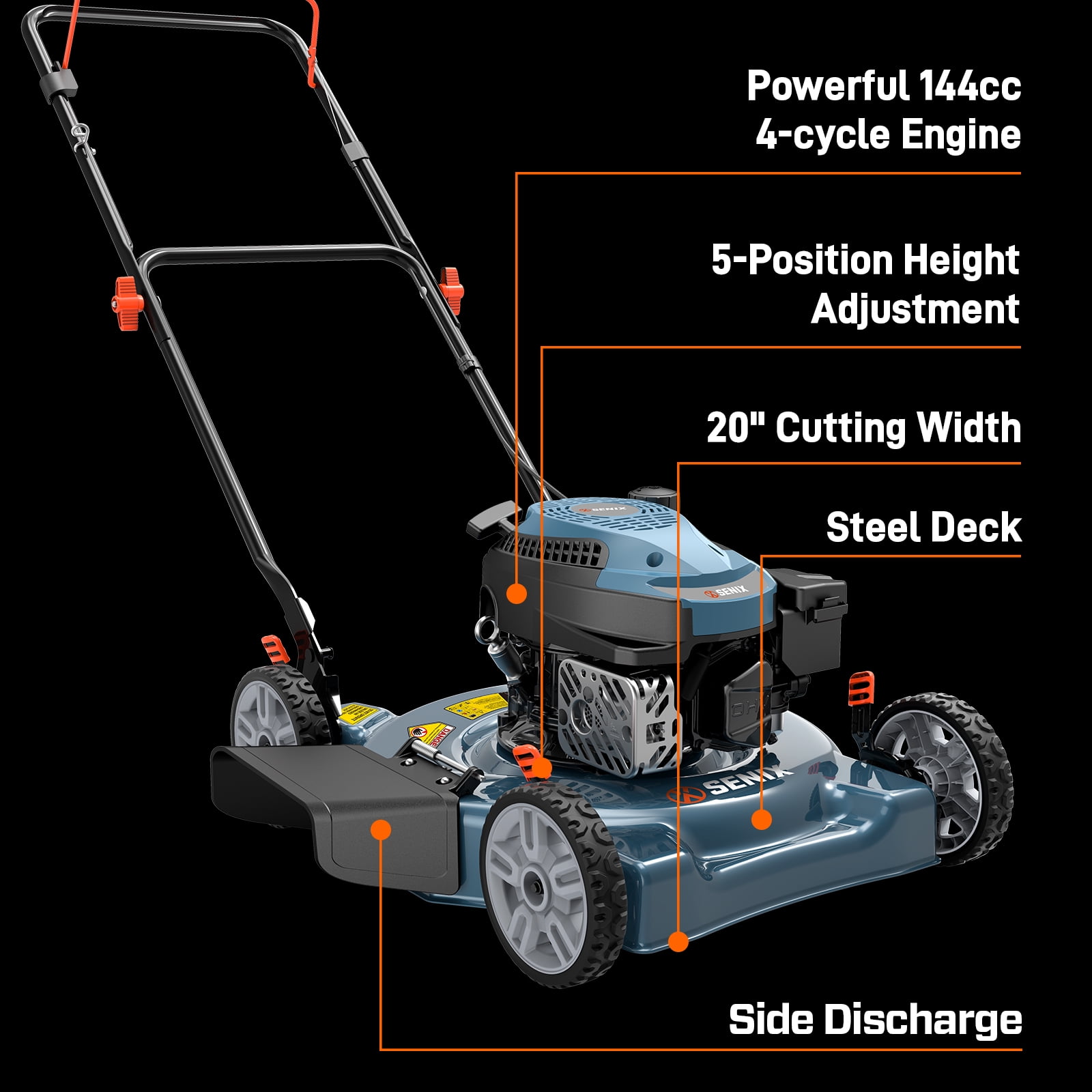 SENIX 4-Tool Combo: 144cc 20" Gas Mower, 20V Cordless 75 CFM Blower, 21" Hedge Trimmer & 10" String Trimmer, Batteries & Chargers Included