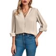 thumbnail image 3 of Women'S Business Casual Tops Summer Long Sleeve Button Down Shirts V Neck Chiffon Blouses Apricot L, 3 of 8