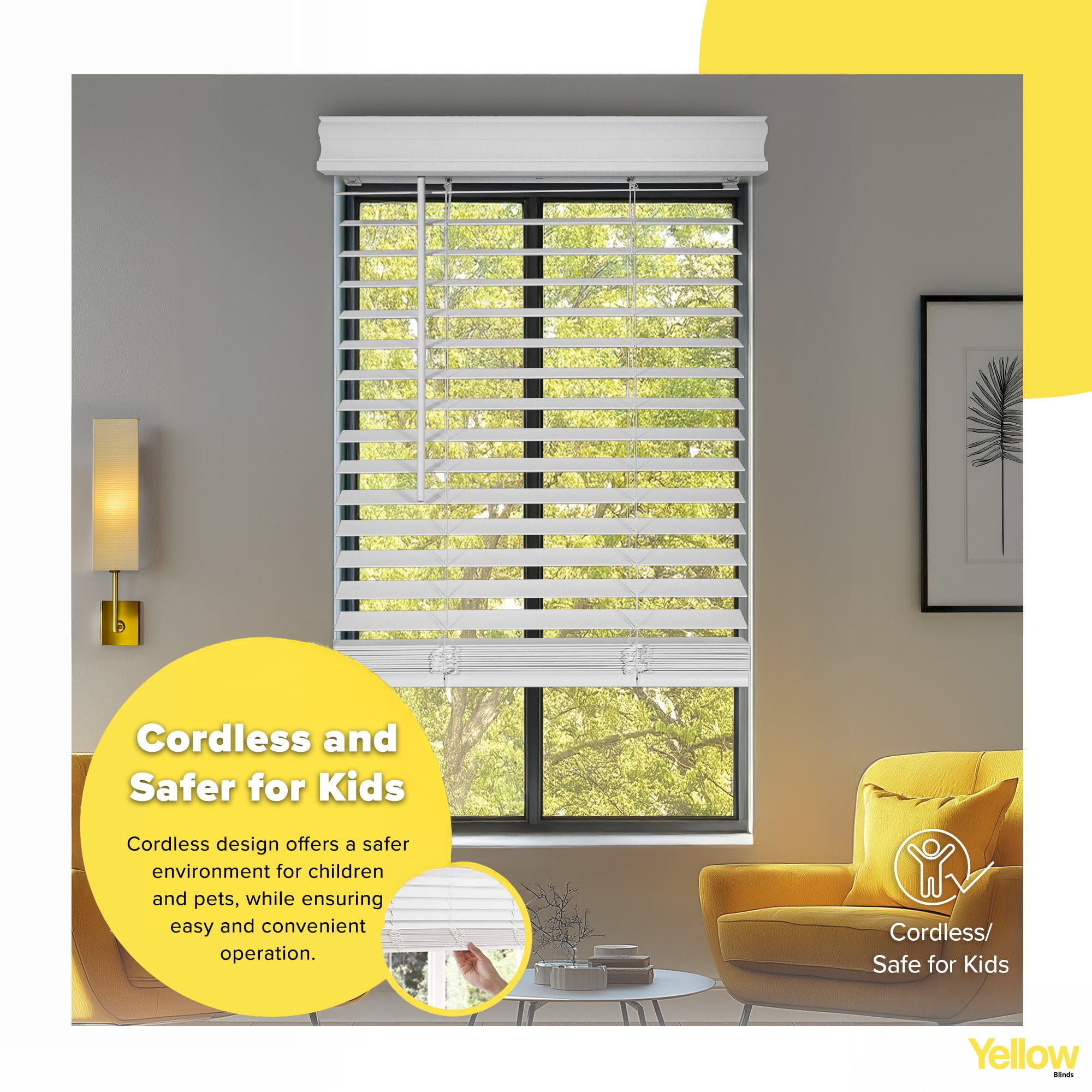 Yellow Blinds Cordless Blackout 2" Inch Faux Wood Blinds with Laguna Valance | No-Hole Slats Design | Moisture-Resistant | Room Darkening | 65.75" W x 48" L