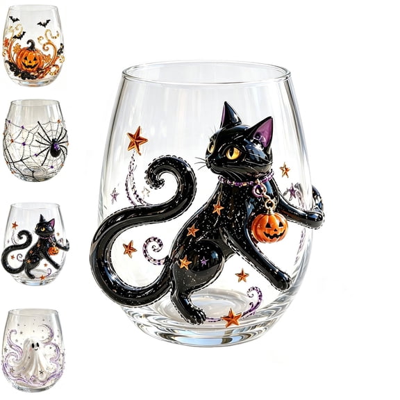 3D Halloween Artisan Glassware Collection, Halloween Glass Cups with Raised Pumpkin Ghost Black Cat & Spiderweb Design, Pumpkin Glass for Cocktails, Iced Coffee, Juice (#4)