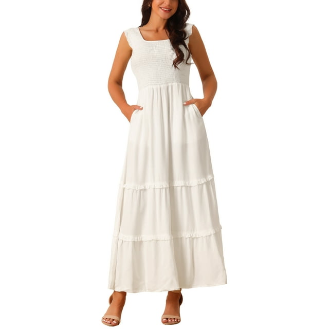 INSPIRE CHIC Robe d'Été Sans Manches pour Femme Col Rond Robe Maxi Décontractée avec Poches m Blanc