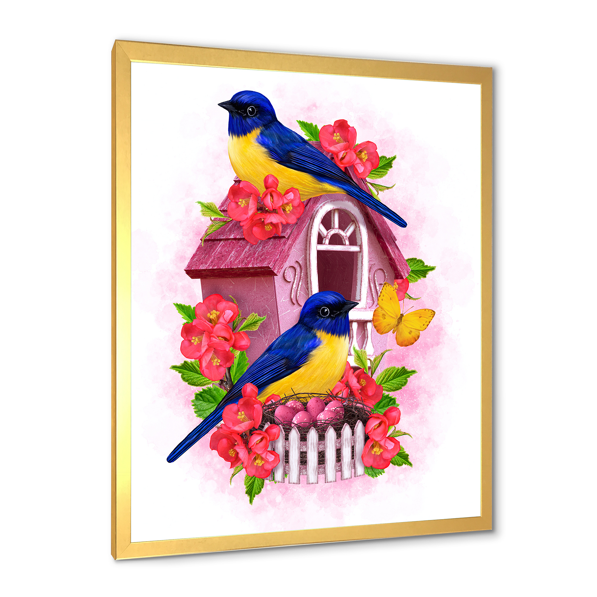 Designart 'Two Yellow and Blue Tit Birds Sitting Near The Nest' Traditional Framed Art Print