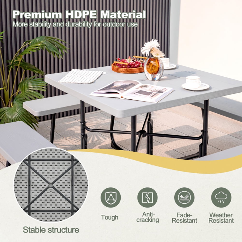 Aimee Lii Outdoor Picnic Table with 4 Benches and Umbrella Hole, Outdoor Patio Furniture, Gray