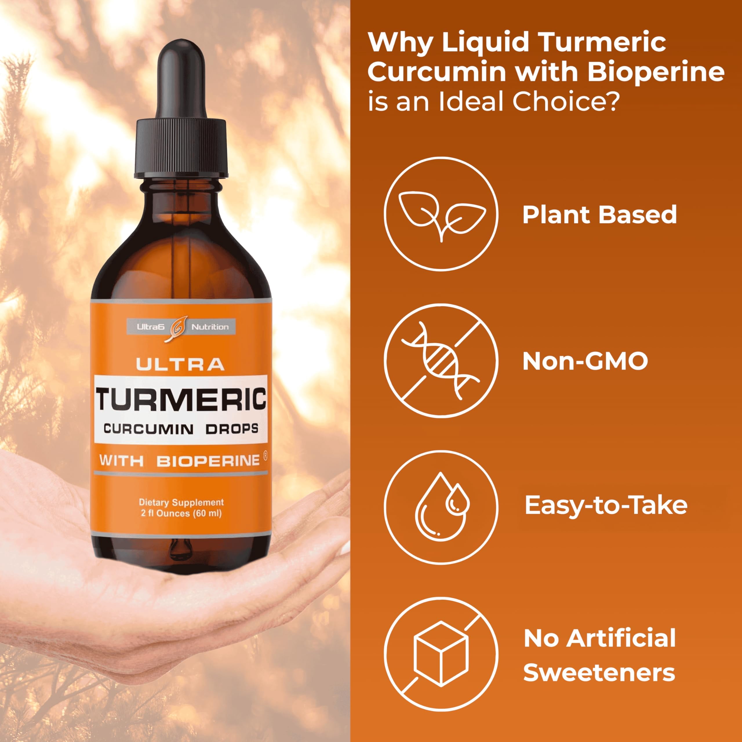 Ultra6 Nutrition Liquid Turmeric Curcumin Extract Drops with Black Pepper Bioperine Easy-to-Take 60ml
