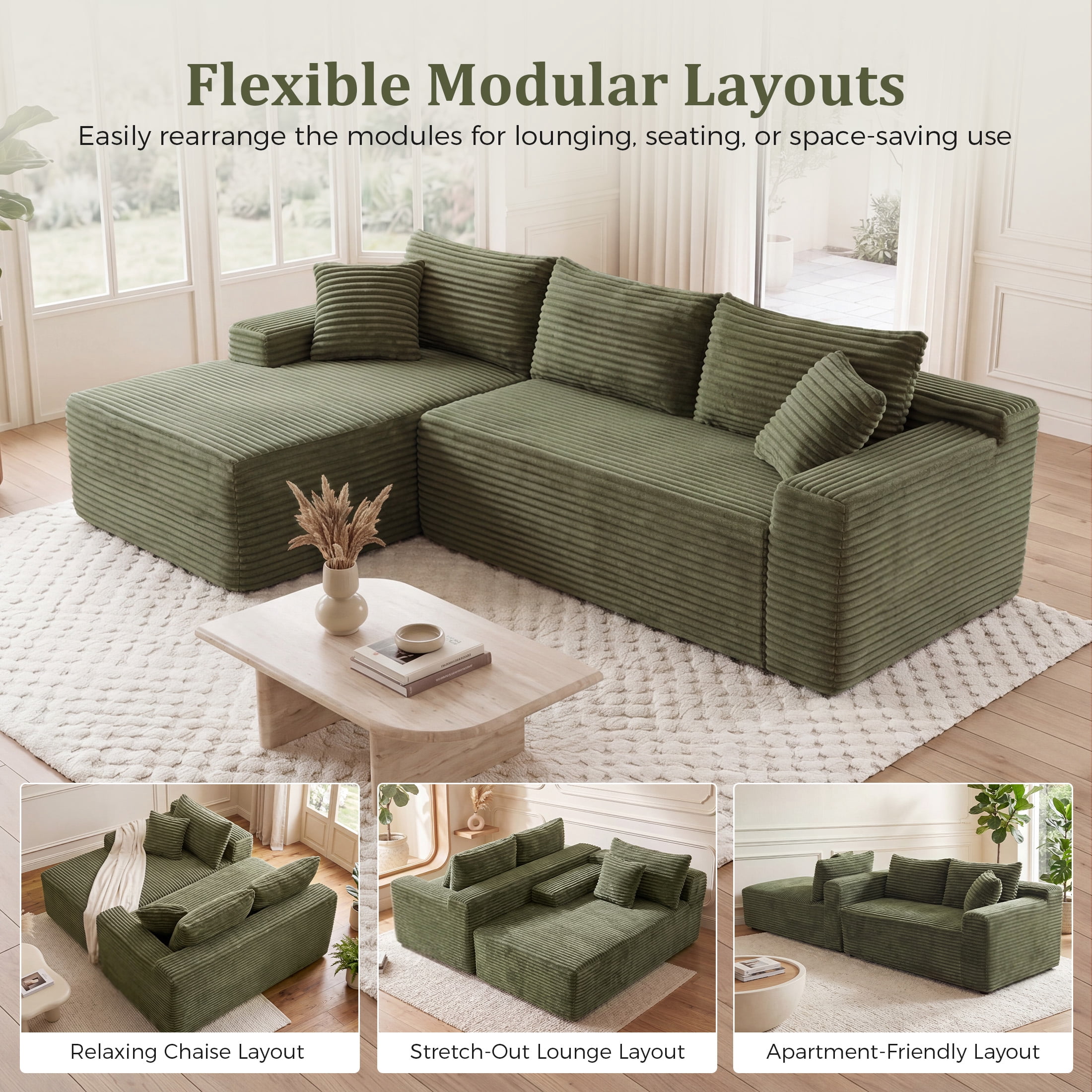 Aenkyo 106 Inch Corduroy L-Shaped Cloud Sectional Sofa with Reversible Chaise, Green