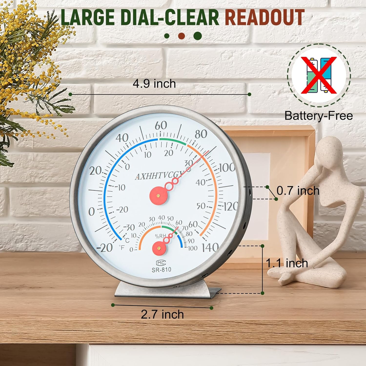 Indoor Outdoor Thermometer Hygrometer, Large Dial Waterproof Wall Mount - Accurate & Easy to Read for Home, Garden, Patio, Greenhouse, Farmhouse Decor by