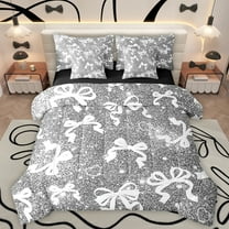 Manfei Ribbon Bowtie 7 Pieces Bedding Comforter Set,Kawaii Bow Knot Full Bedding Set,White Gray Fitted Sheet Flat Sheet For Kids,Super Cozy Room Decor Reversible
