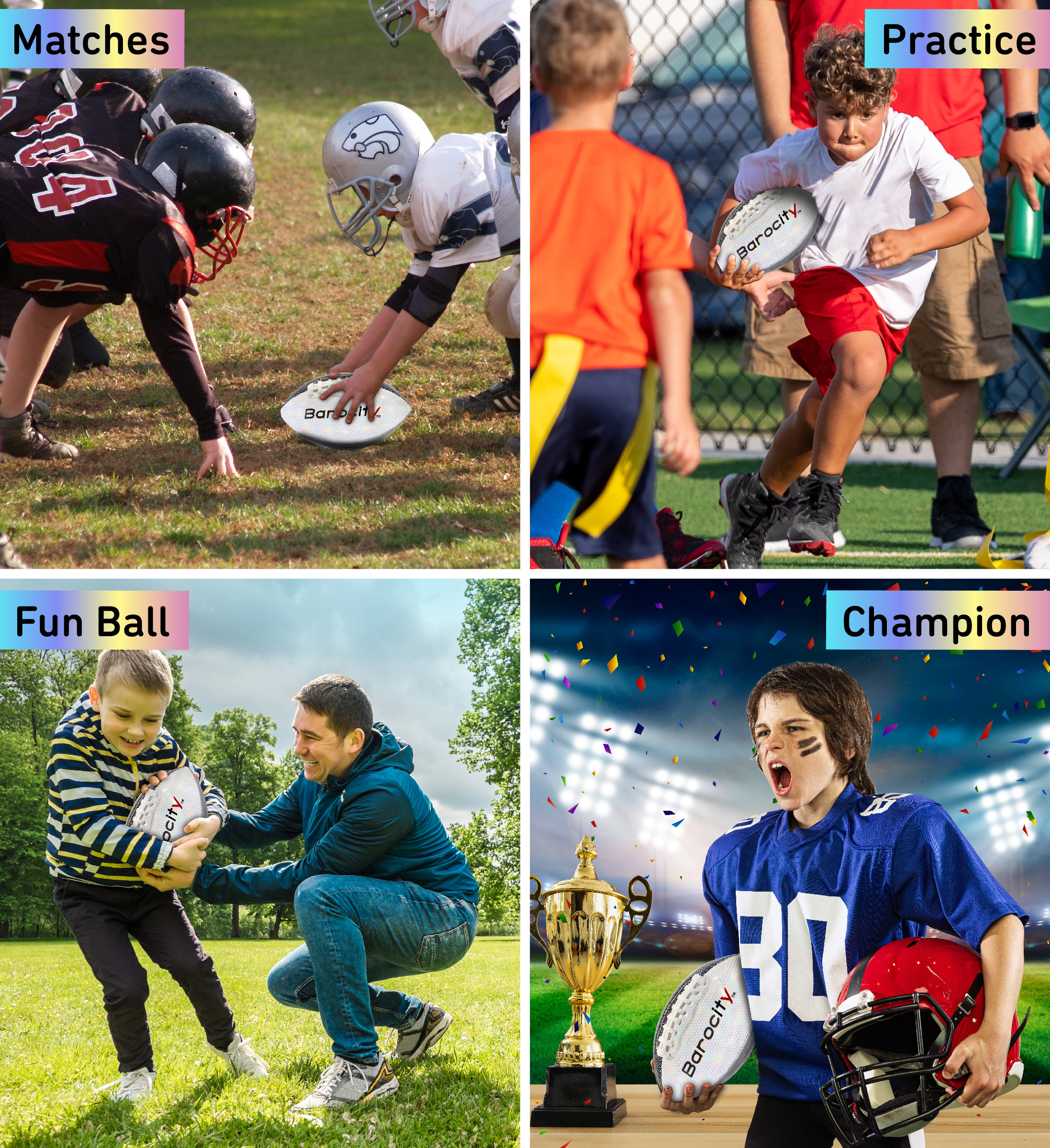 Barocity Footballs for Kids - Reflective Iridescent Rainbow Hex Pattern Official Match Football for Indoor, Outdoor  - 2 Premium Durable Training Balls Mix Silver, Black, and Gold Size 3 and Size 6