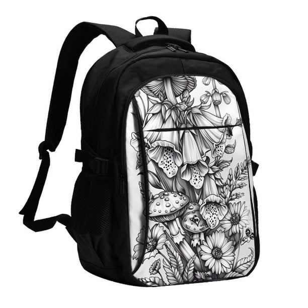 Balery Monochrome Botanical Illustration Mochila con carga USB para hombre y mujer - Mochila impermeable y antirrobo para portátil con puerto USB para viajes, trabajo, estudios y universidad