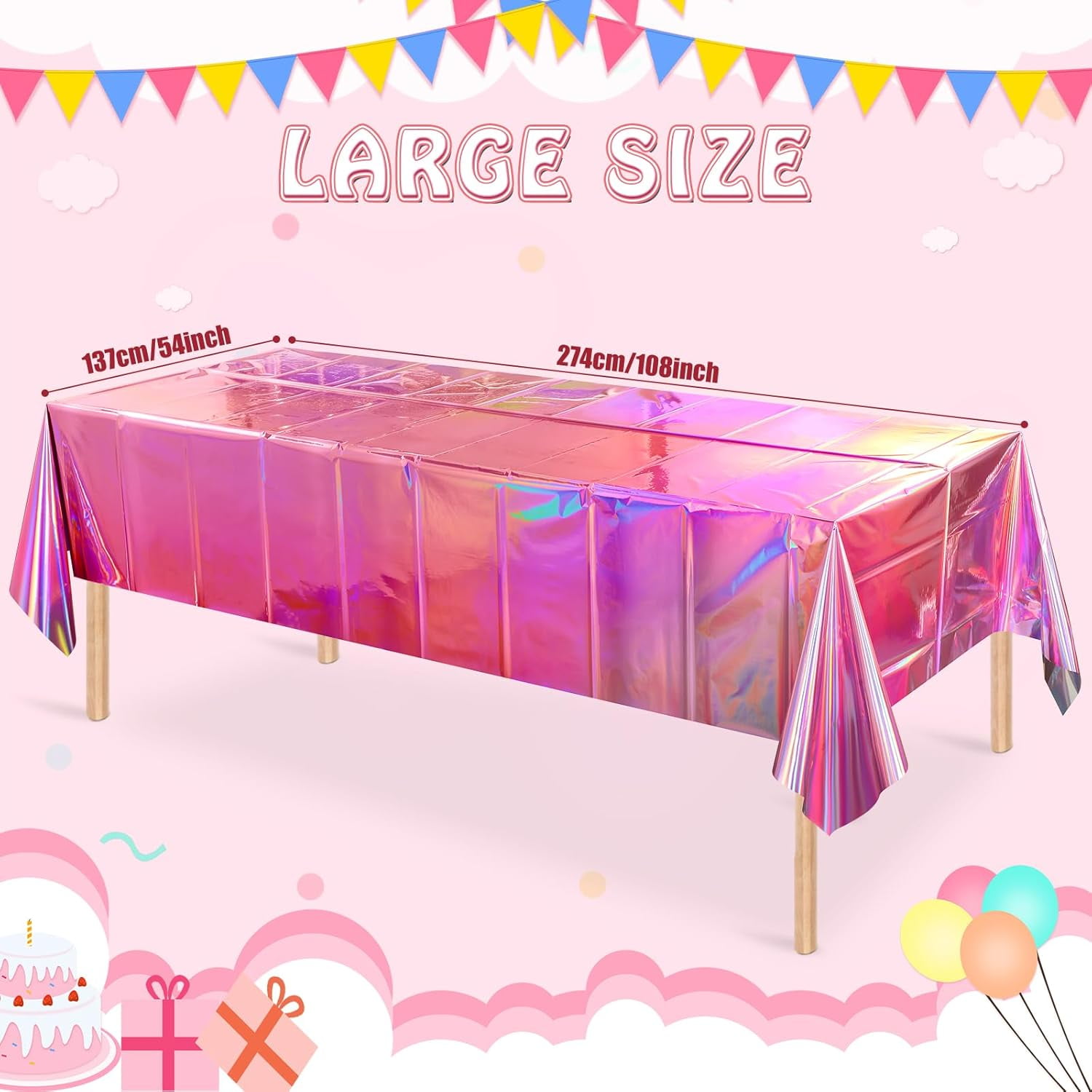 QIANJIA 4 Pack Iridescent Pink Plastic Tablecloths Shiny Disposable Laser Rectangle Table Covers,Holographic Foil Tablecloth Iridescent Party Decorations for Birthday Wedding Christmas, 54x108Inch