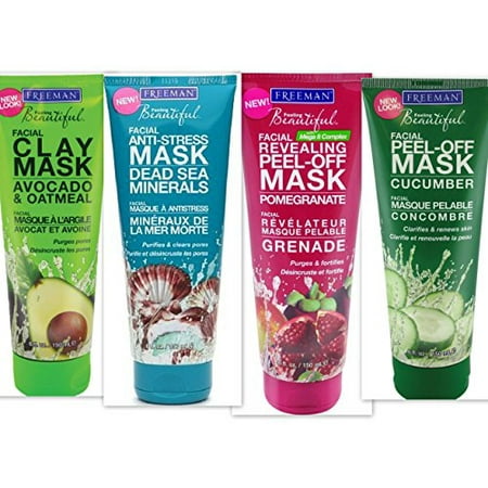Oatmeal Facial Mask - Freeman Facial Mask Variety Bundle, 6 fl oz (Pack of 4) includes 1-Tube Dead Sea Minerals Facial Anti-Stress Mask + 1-Tube Cucumber Facial Peel-off Mask + 1-Tube Avocado & Oatmeal Facial Clay Mask + 1