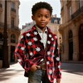 thumbnail image 1 of Boys Christmas Print Corduroy Blazer, All Over Christmas Pattern Lapel Suit Jacket with Buttons, Regular Fit Sports Coat for Parties, Prom, and Dinner Events Red, 1 of 4
