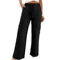 thumbnail image 3 of AGWOLF Women's Wide Leg Cargo Pants Baggy High Waisted Palazzo Pant Lightweight Pull On Drawstring Trousers Beach Vacation Travel Clothes Black S, 3 of 7