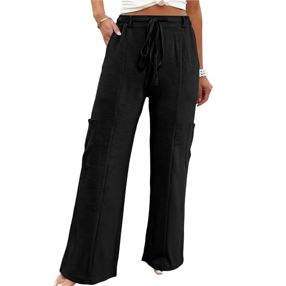 GUACER Women's Wide Leg Pants Fashion High Waisted Elastic Waist Drawstring Casual Cargo Trousers with Pockets Flowy