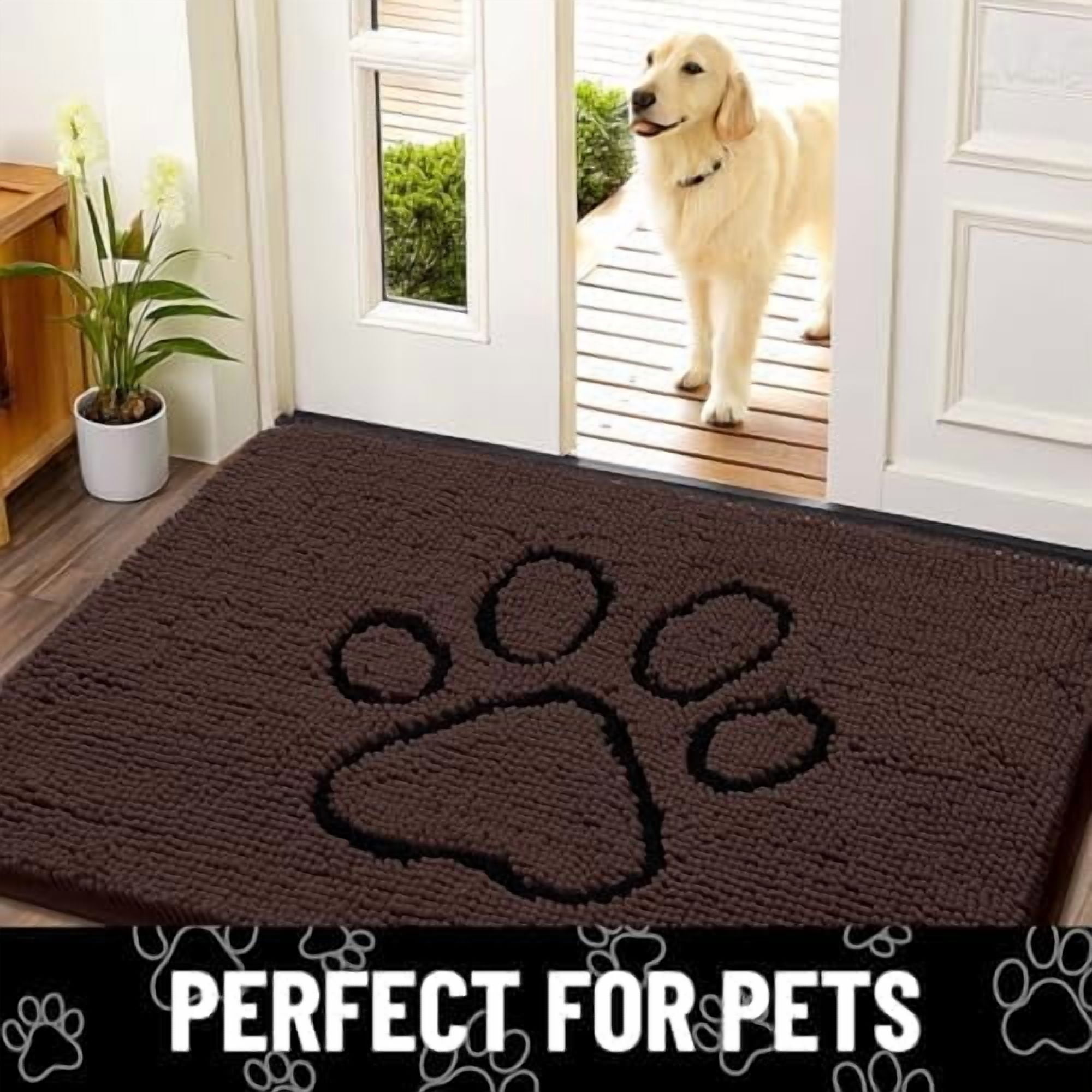 Dog Door Mat for Muddy Paws, Absorbent Dirt Trapper Non Slip Quick Dry Washable Chenille Mat for Mud Dogs, Entry Rug for Indoor and Outdoor (48x30 Inches, Brown and Black)
