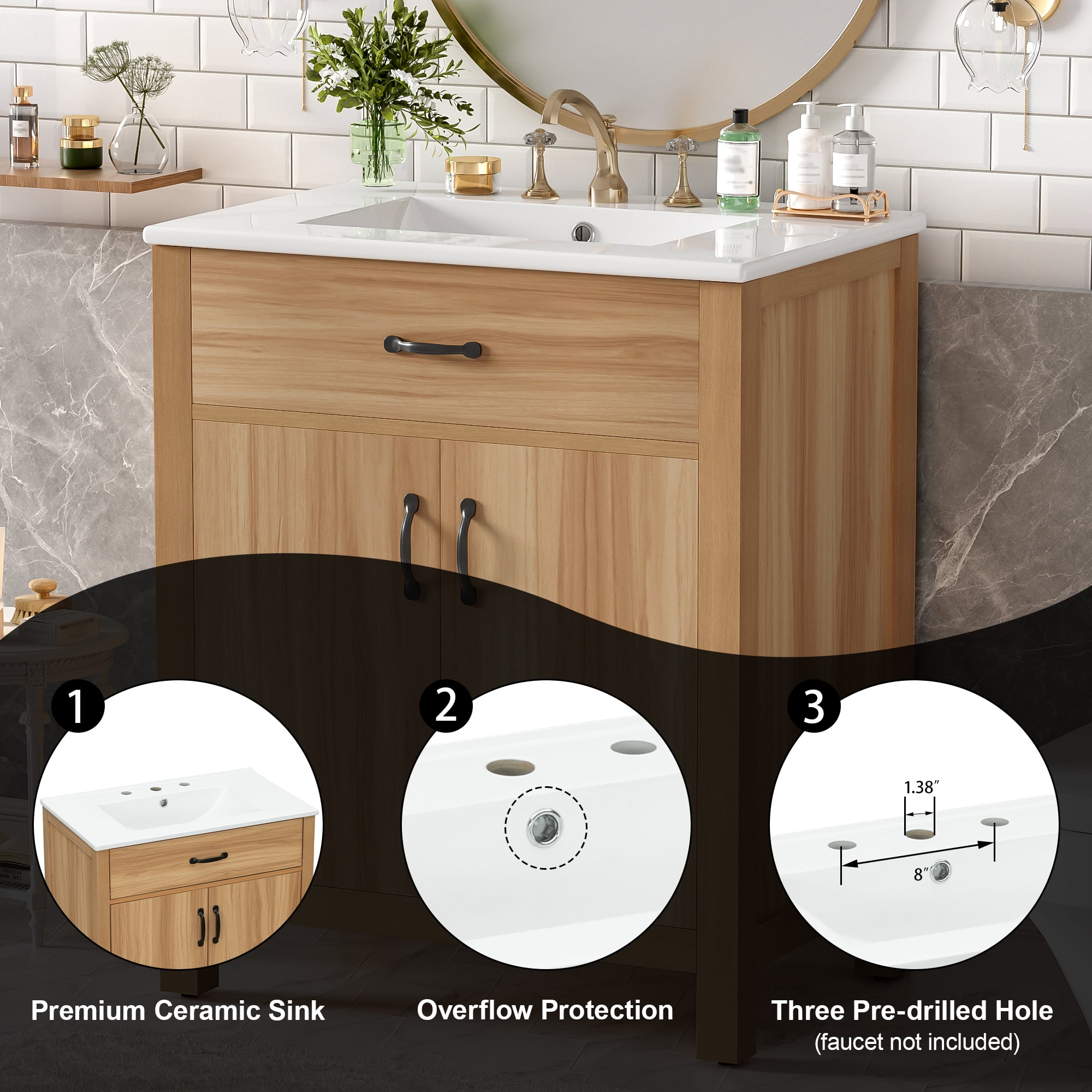 Euroco 30" Wood Bathroom Vanity with Solid Wood Frame, 2 Soft Close Doors,1 Flip Drawer, Adjustable Shelf, Modern Storage Cabinet