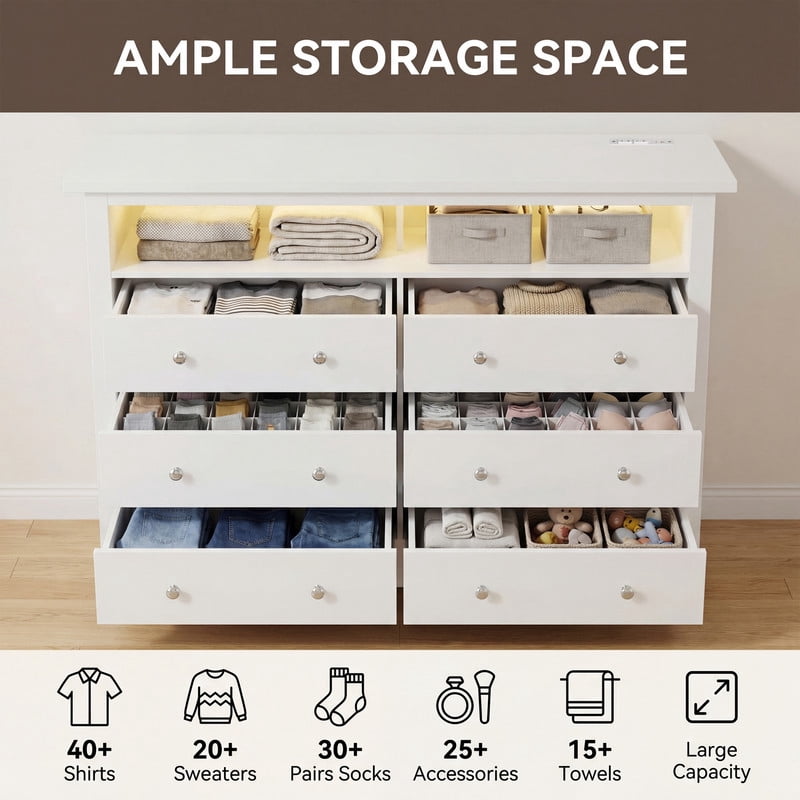 Lacoo 6 Drawer Dresser with Smart RGB LED Lights, Built-in Charging Station, Large Storage Chest of Drawers with Open Shelf