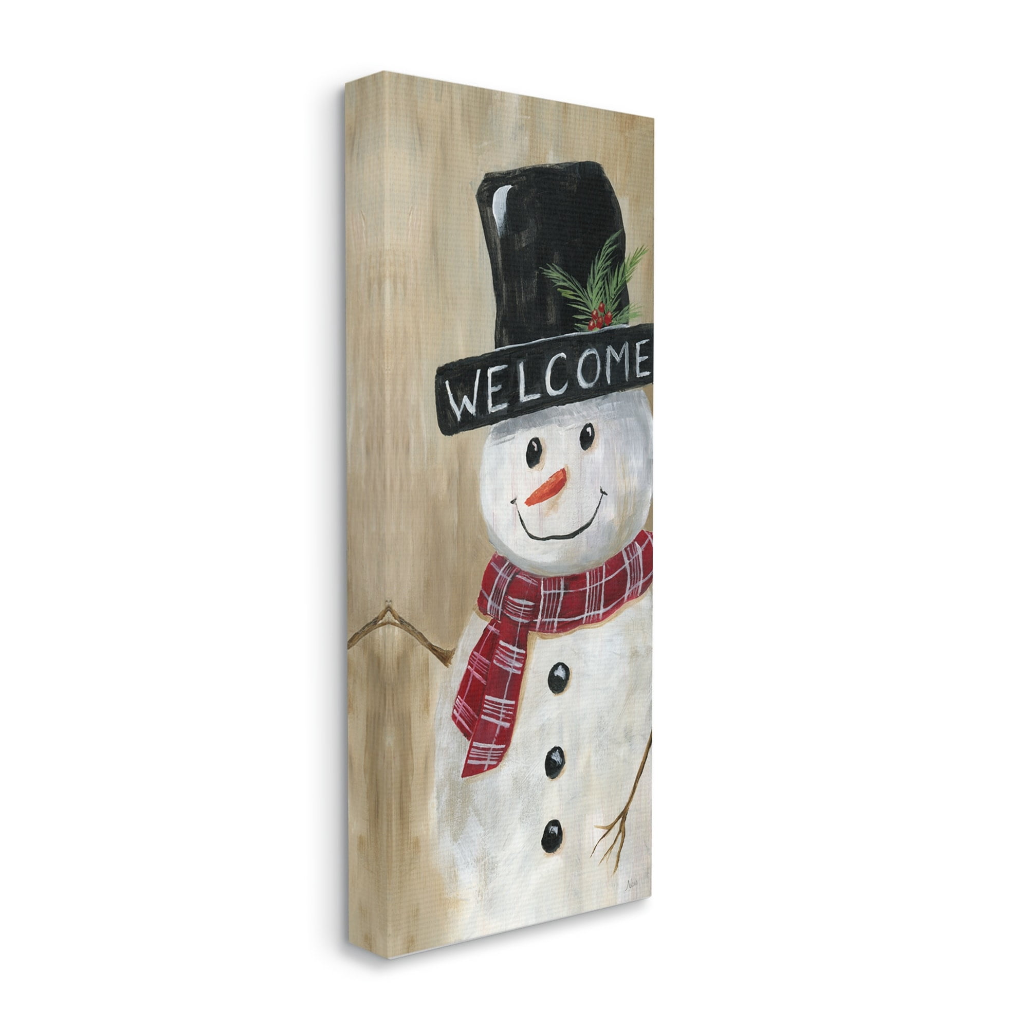 Stupell Industries Welcome Greeting Rustic Winter Snowman Festive Holly Hat, 13 x 30, Design by Nan