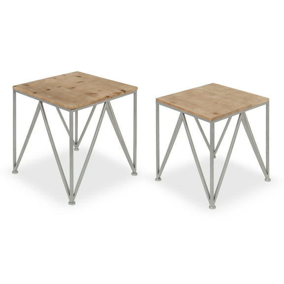 Kate and Laurel - Uzma 2-Piece Modern Side Accent Tables Geometric Metal Silver Base with Natural Wood Tops